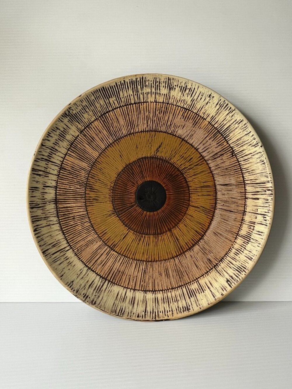 Oversized 17" Sunburst Ceramic Charger Round Platter Earth Tone MCM Wall Decor